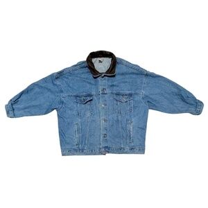 Vintage 90s Unisex Relaxed Fit‎ Denim and Leather Button Up Jean Jacket. Sz XXL
